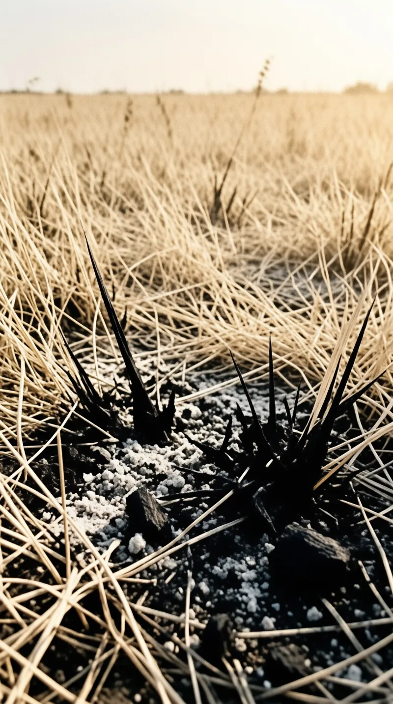 Sharp black burr spikes protrude from the ground amidst a field of dry, sun-bleached yellow grass under warm lighting.