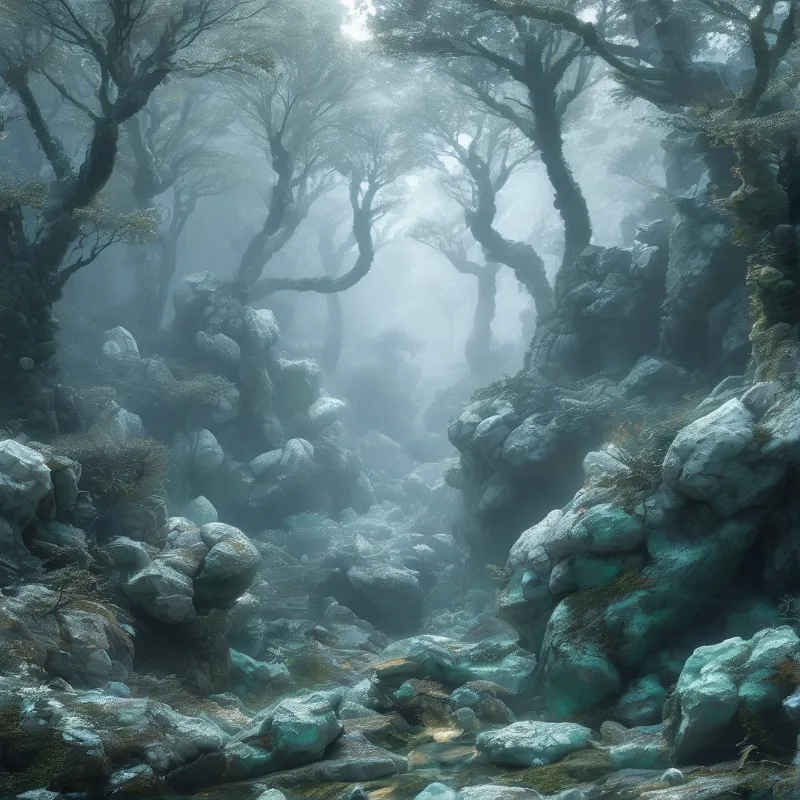 Large mossy rocks line a path through a dense foggy woodland where tall gnarled trees reach toward a soft diffused light filtering through the canopy above the uneven terrain.