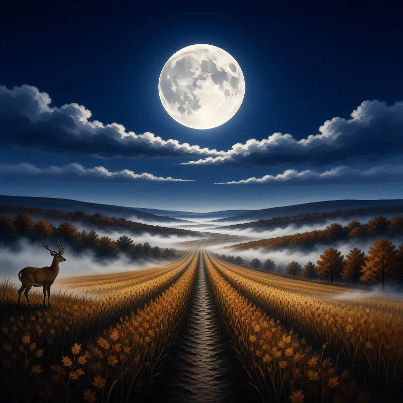 A lone stag stands near a winding dirt path leading through misty autumn fields beneath a glowing full moon.