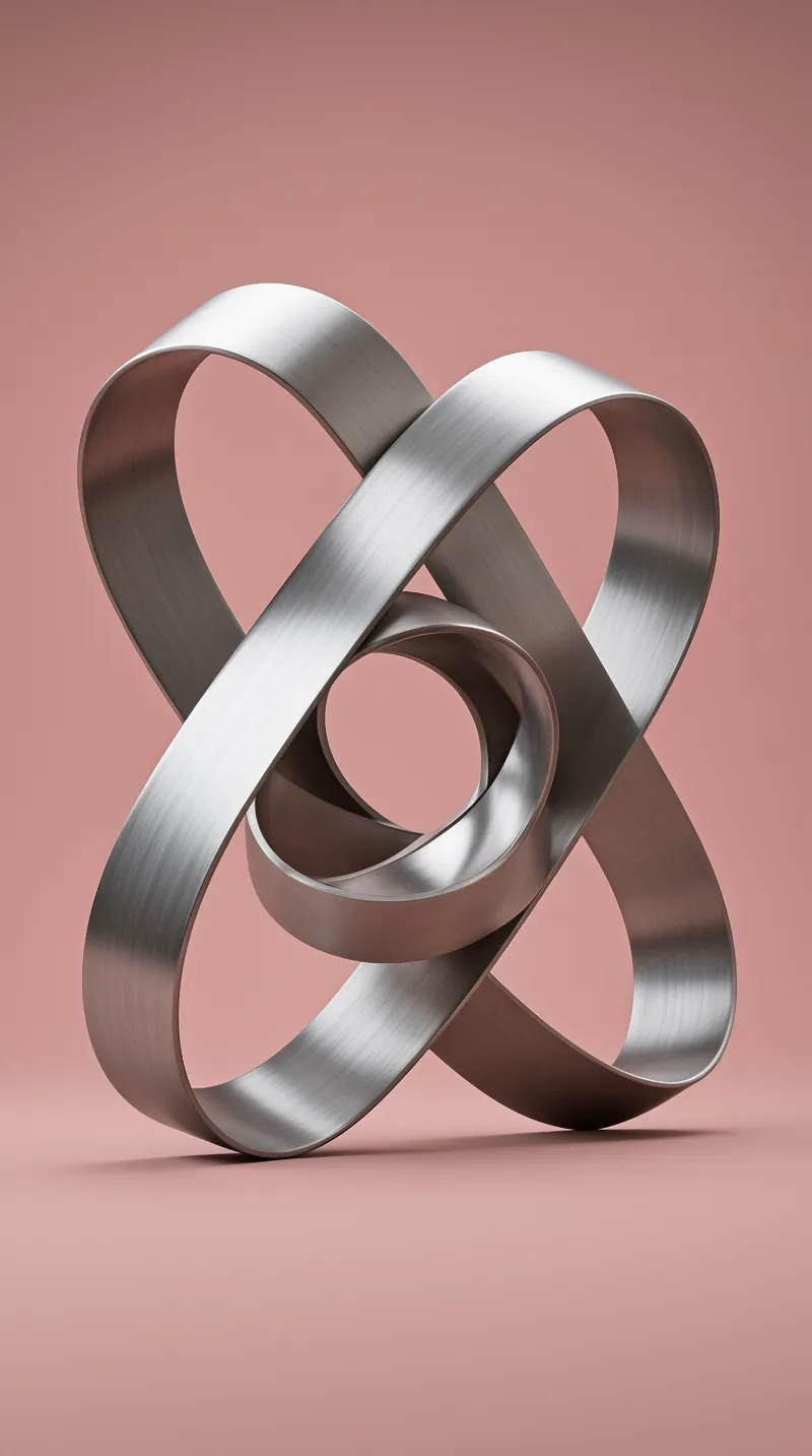 A brushed metal ribbon twists into an abstract knot shape centered on a uniform dusty rose background.