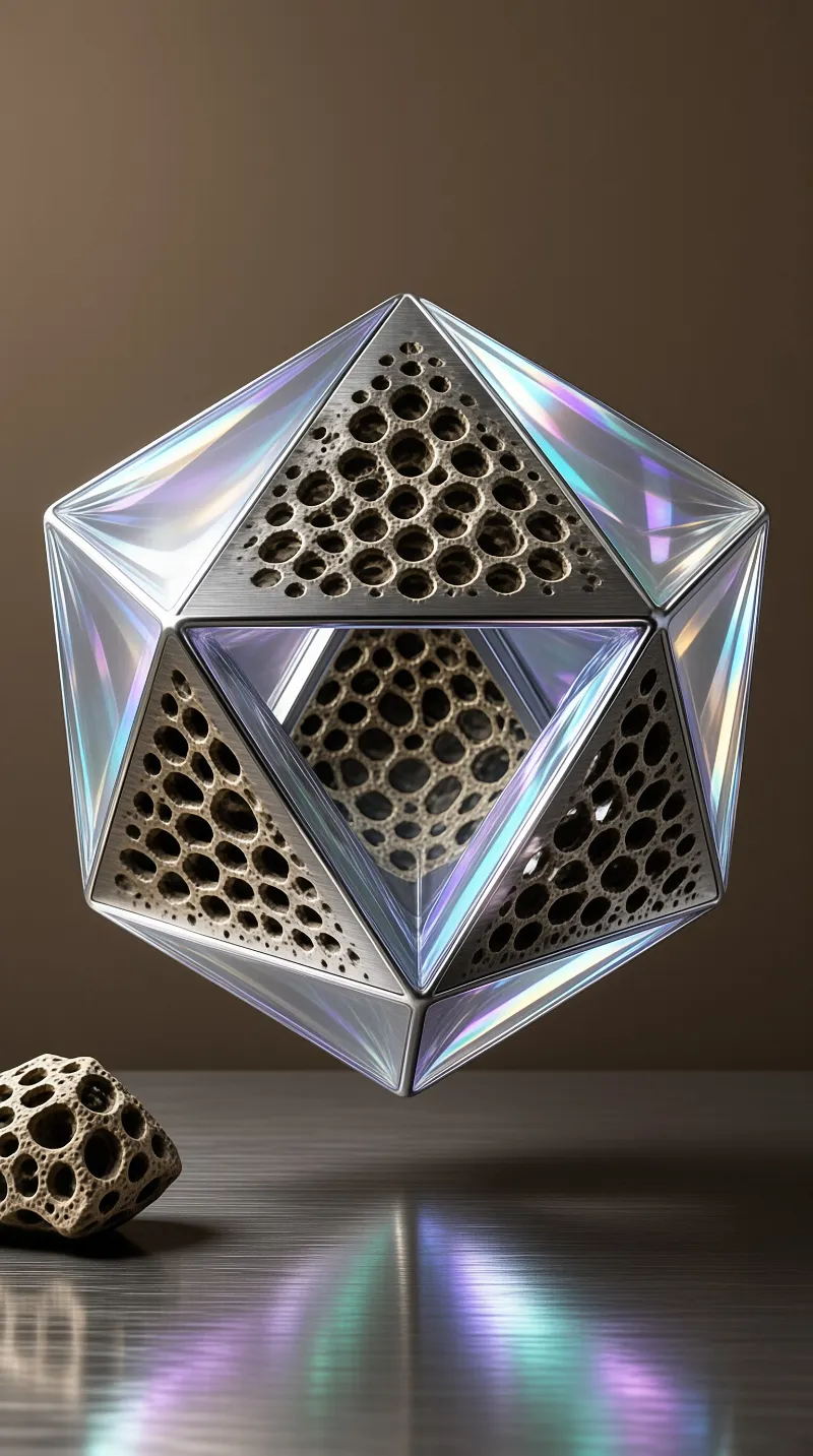 A glass polyhedron with porous rock faces floats above a polished metal floor reflecting pink and green light.