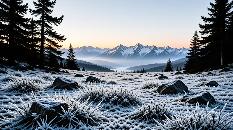 Icy grass and rocks fill the foreground while misty valleys lead to snow-capped mountains under a dawn sky.