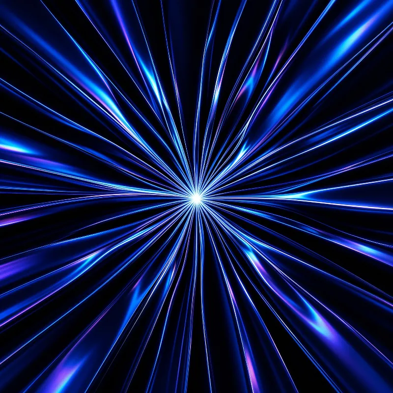 Intense blue light streams explode from a bright white center against a deep black background.