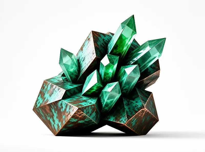 A cluster of translucent green gems emerges from a jagged, oxidized bronze structure against a plain white background.