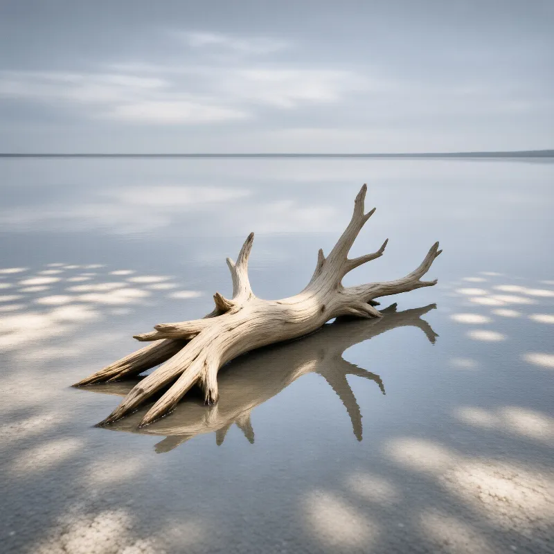 A piece of bleached wood floats on a calm saline lake with dappled sunlight casting patterns on the water.