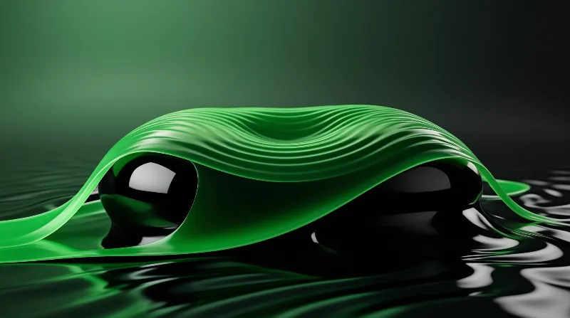 A glossy green wavy surface curves over dark water where black spheres are partially submerged and reflecting light.