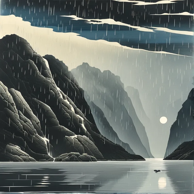 A stylized landscape shows dark mountains surrounded by heavy rain and a bright moon reflecting on the calm water below.