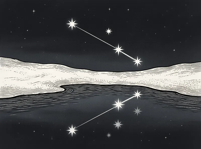 A graphic night scene in black and cream links glittering star points with thin lines above a hushed ridge and water.
