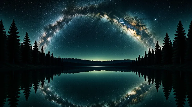 Stars and the galaxy arch over a tranquil lake where dark forest silhouettes meet the horizon line.