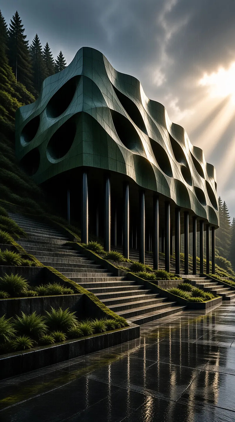 A wavy green building with columns stands on a hillside with wet steps reflecting sunlight breaking through clouds.