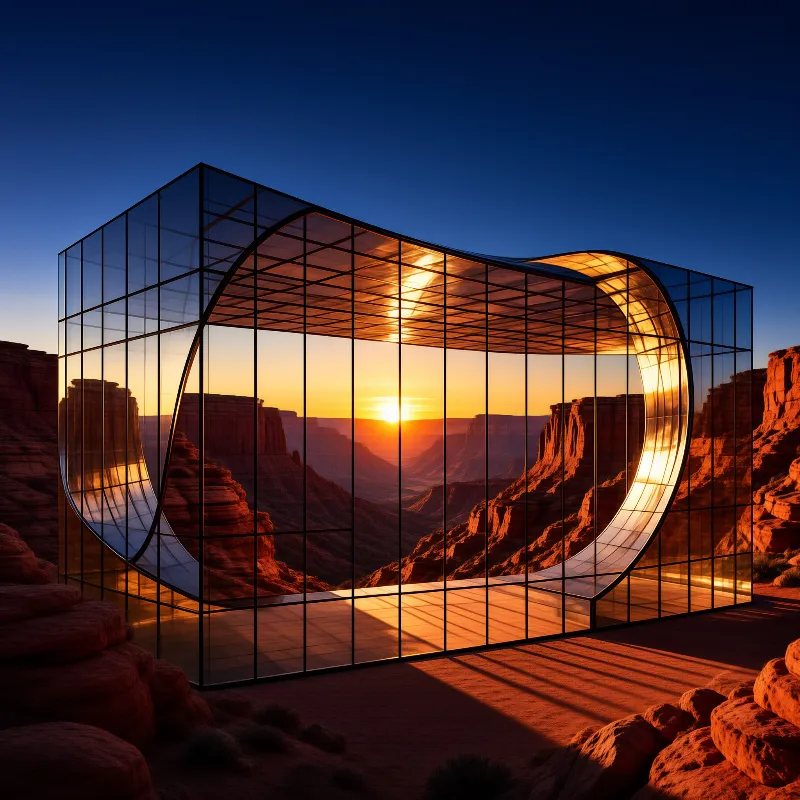 A transparent structure with a curved opening stands within a red rock canyon during a golden sunset.