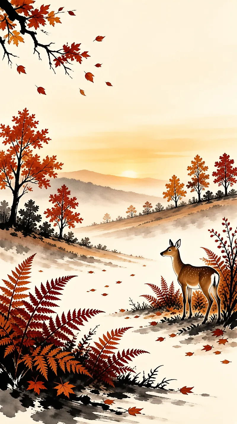 A solitary deer stands in a misty valley surrounded by red foliage and warm sunlight