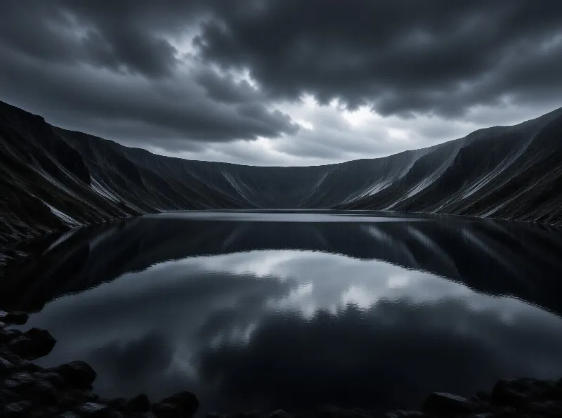Steep dark mountains encircle a calm crater lake reflecting heavy overcast skies in the still water.