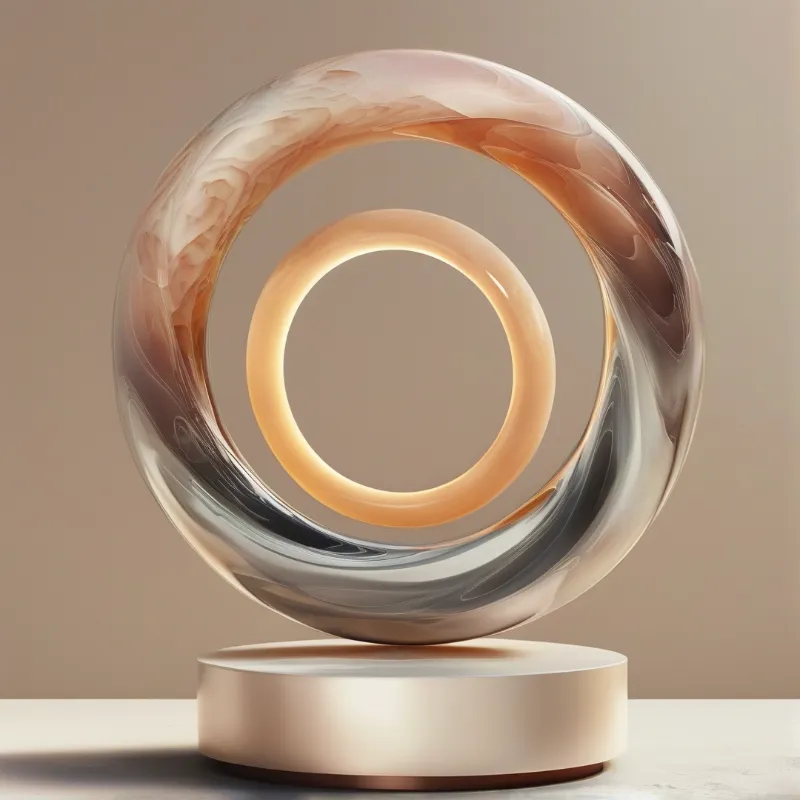A pearlescent swirled glass torus sits atop a pale matte cylindrical pedestal against warm neutral background with soft lighting