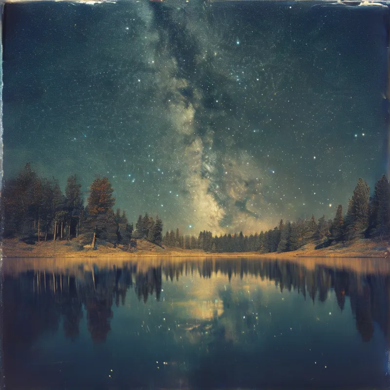 A bright band of the Milky Way galaxy stretches vertically across a starry night sky above a treeline and a calm lake.