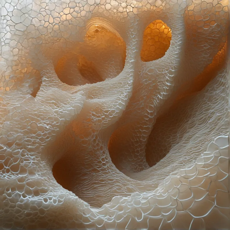 A delicate white lattice of bubble-like cells stretches across glowing amber cavities in an organic abstract texture.