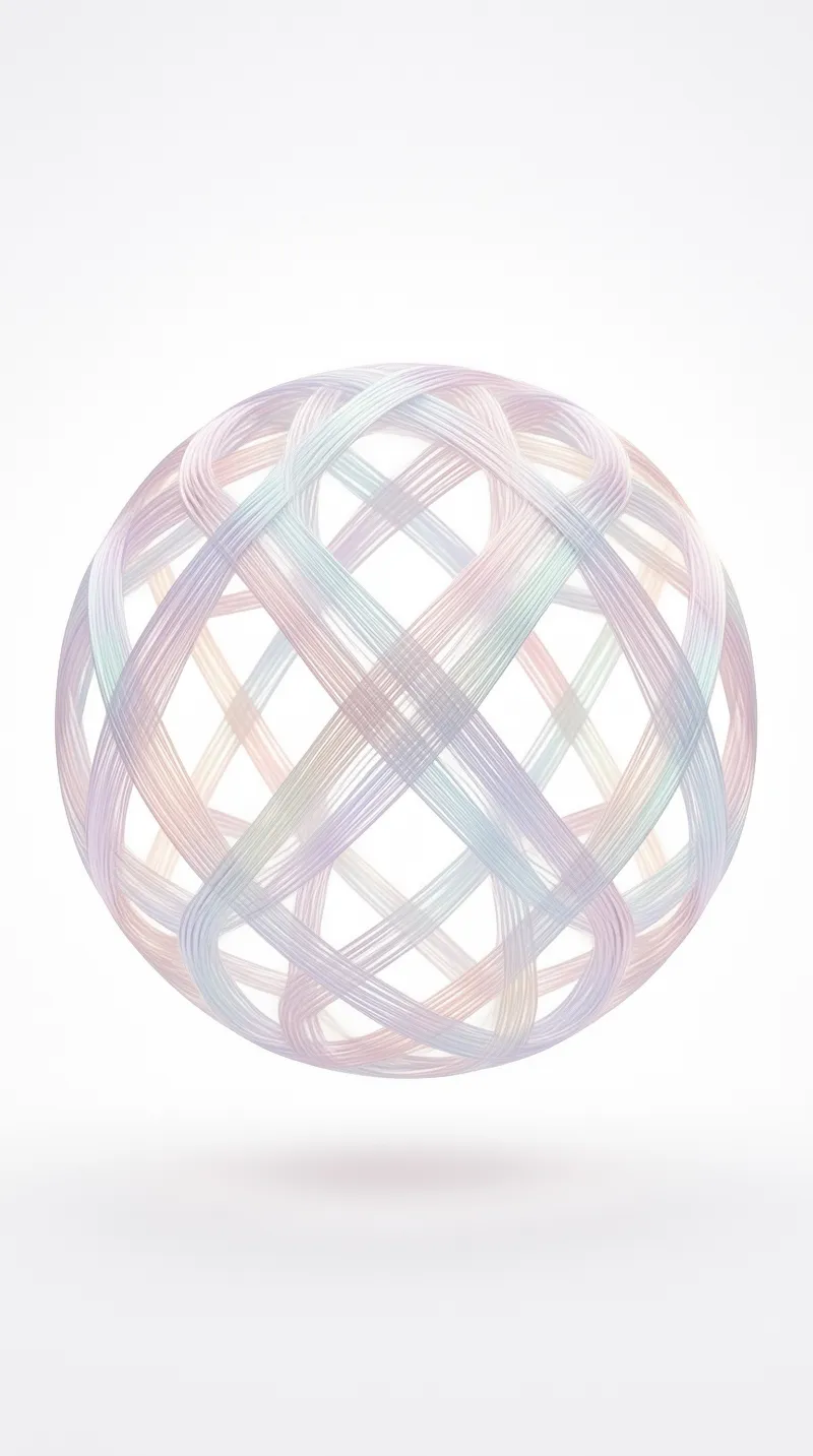 An iridescent grid-weaved pastel sphere floats against a stark white background with a soft shadow beneath it.