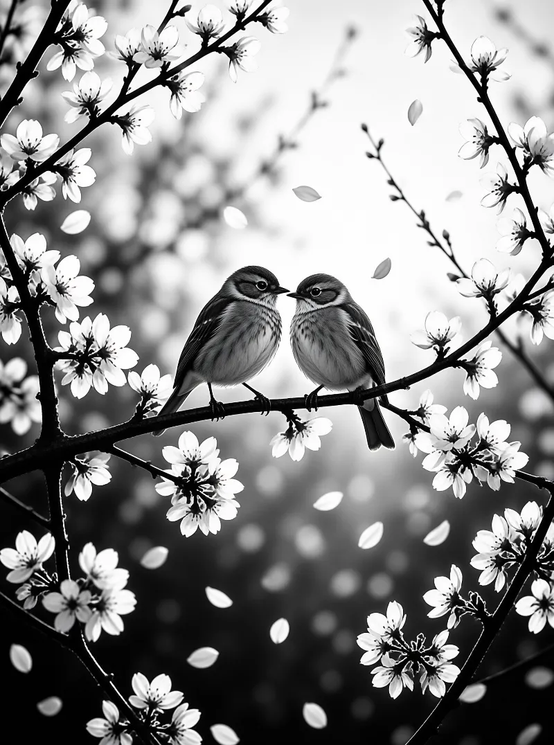 Two small birds stand face to face on a dark branch surrounded by white flowers in a black and white photograph.