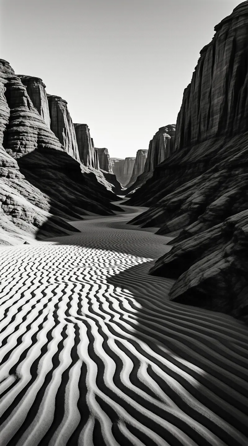 Monochrome narrow canyon with towering layered rock walls and rippled wind carved sand stretching under bright light.