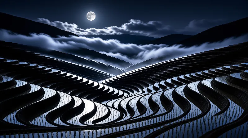 Curved agricultural steps filled with water mirror the bright moon above foggy mountain ridges.