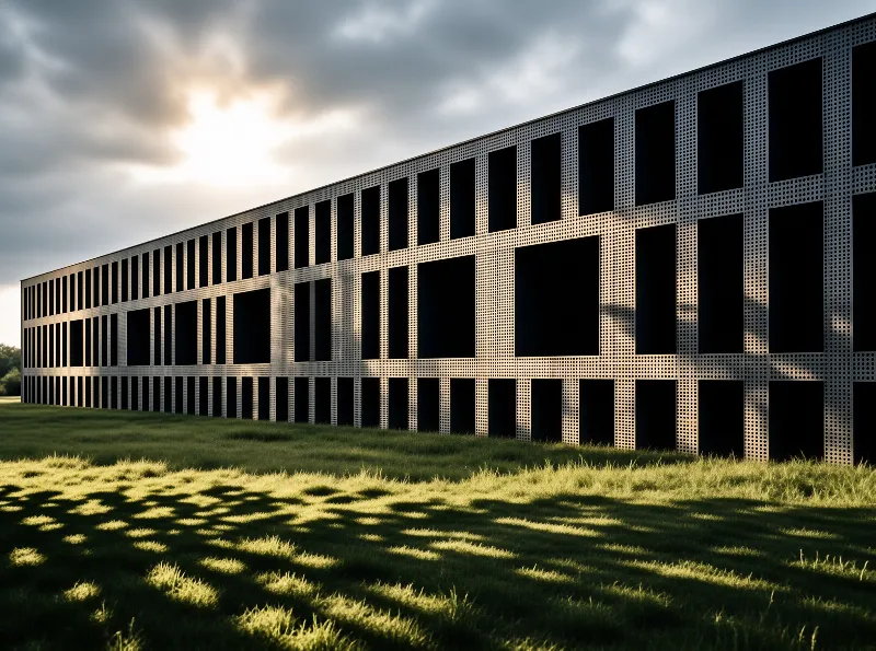 A long structure with dark openings and perforated panels sits next to a grassy field where warm light casts shadows.