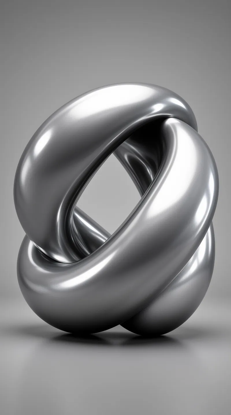 A braided metal ring with a mirror finish twists into a closed loop, set against a plain studio wall and soft floor shadow.