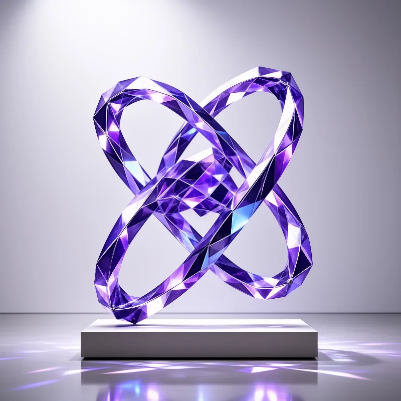 A twisted purple crystalline sculpture stands on a white pedestal reflecting light on the floor.