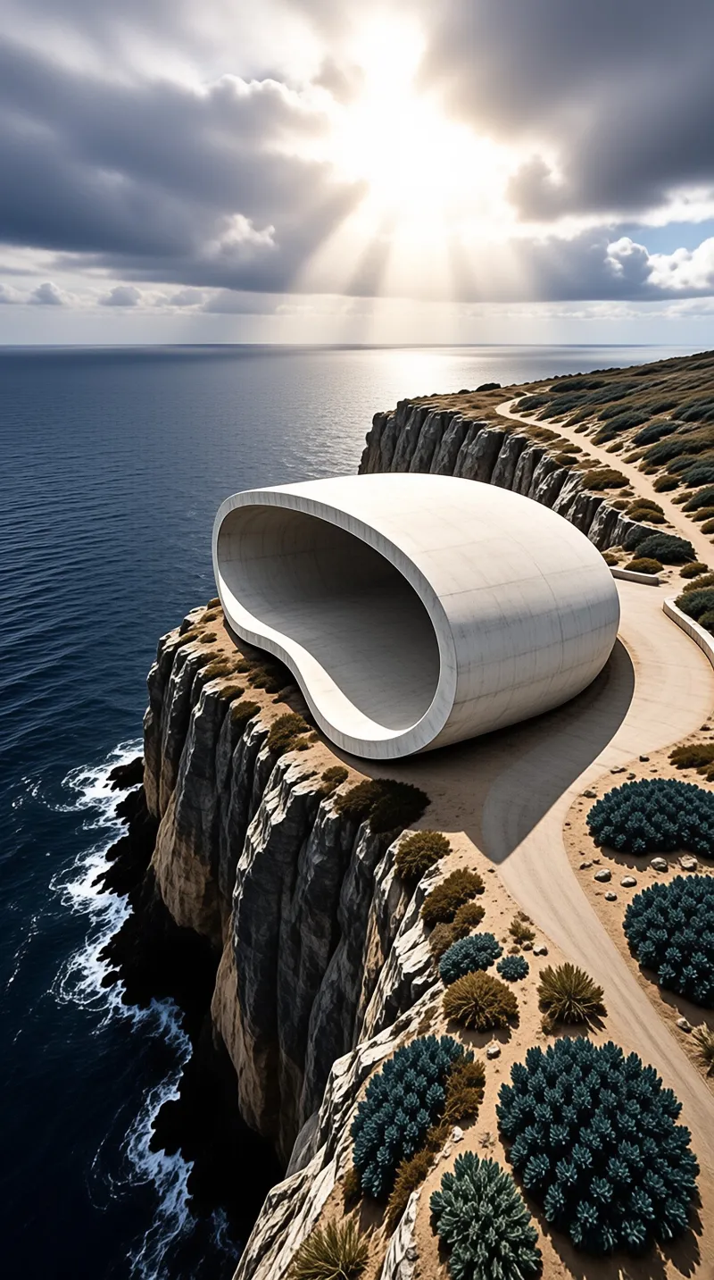 A white tubular structure perched on a coastal cliff illuminated by sunbeams breaking through heavy clouds.