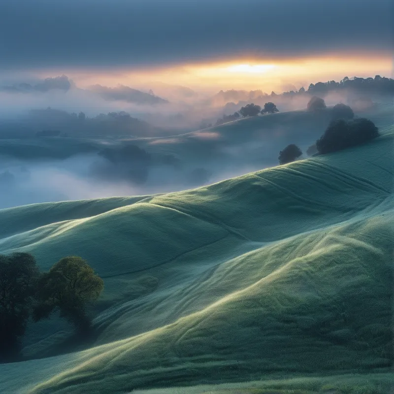 A landscape of green rolling hills shrouded in mist with the sun rising over the distant tree line.