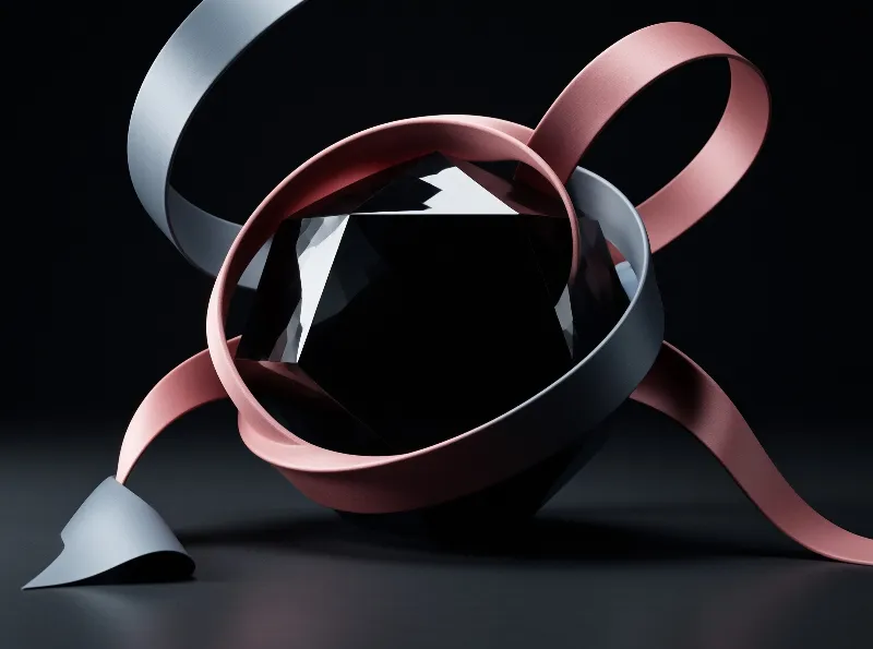 A dark faceted gemstone is wrapped by flowing pink and blue ribbons against a black background.