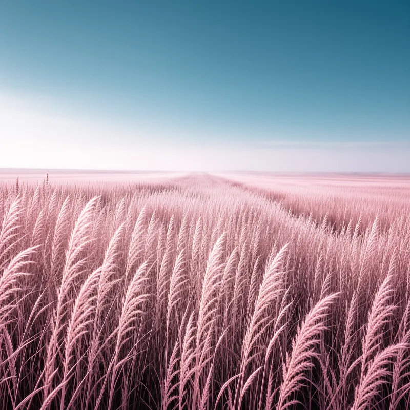 Expansive pink grass field stretching toward the horizon under a clear blue sky.