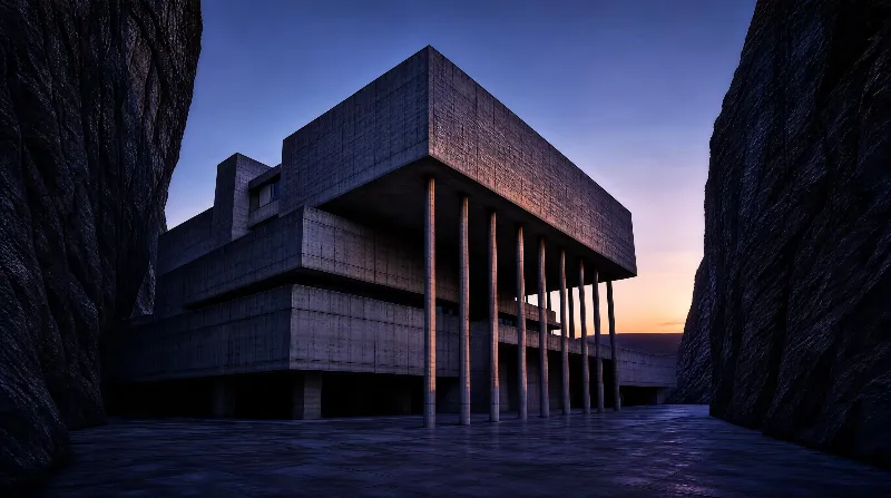 A modern concrete building with tall columns stands between two dark rock formations under a twilight sky with warm sunset hues