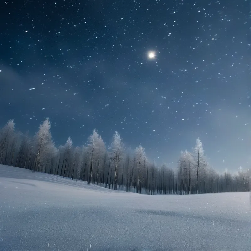 Frosted trees stand in a line across a smooth snowfield under a deep blue night sky scattered with stars and a bright moon.