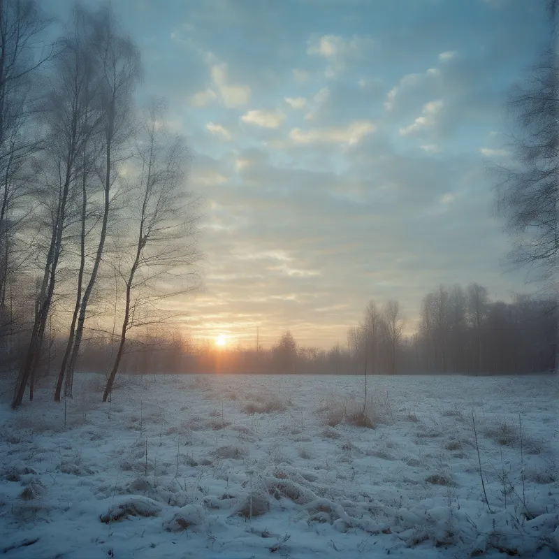 Low winter sun rises above a distant treeline over a frost-covered meadow bordered by leafless trees under soft clouded sky.