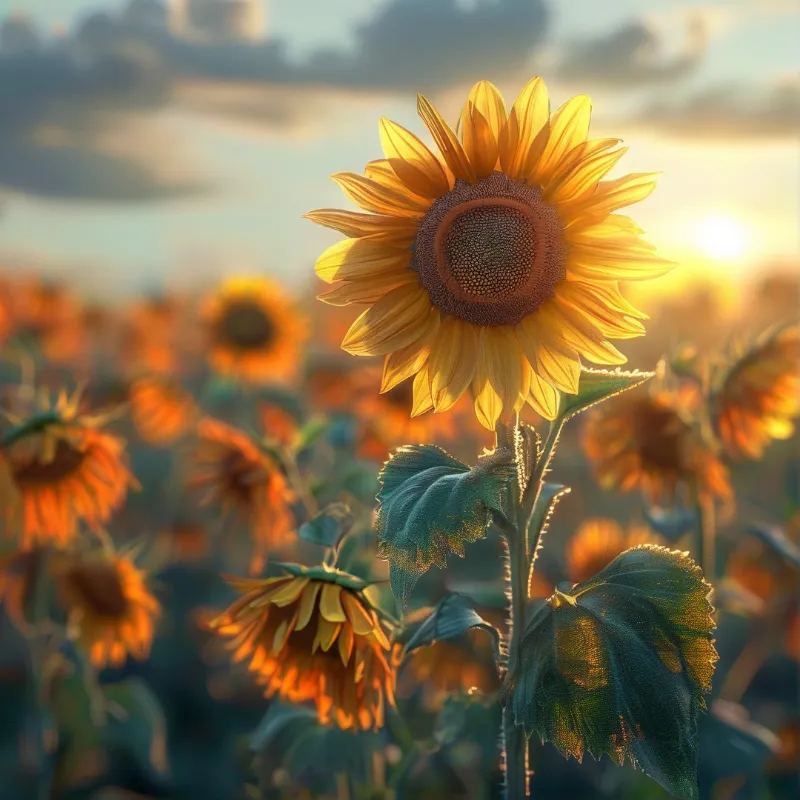 A sunflower stands tall in a golden field as the setting sun casts warm light over the blooms.