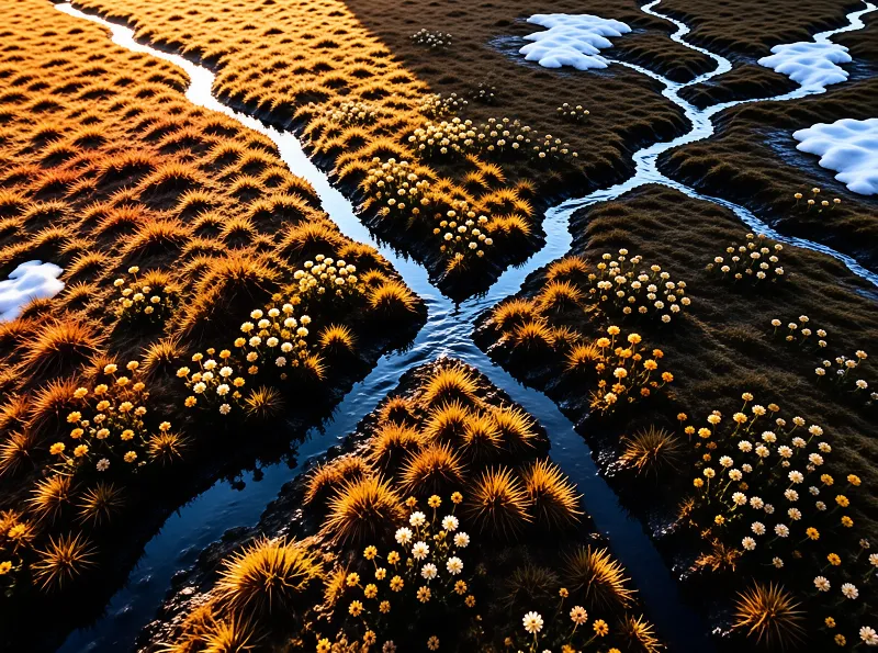 Dark river channels cut through golden textured grass dotted with yellow and white flowers.