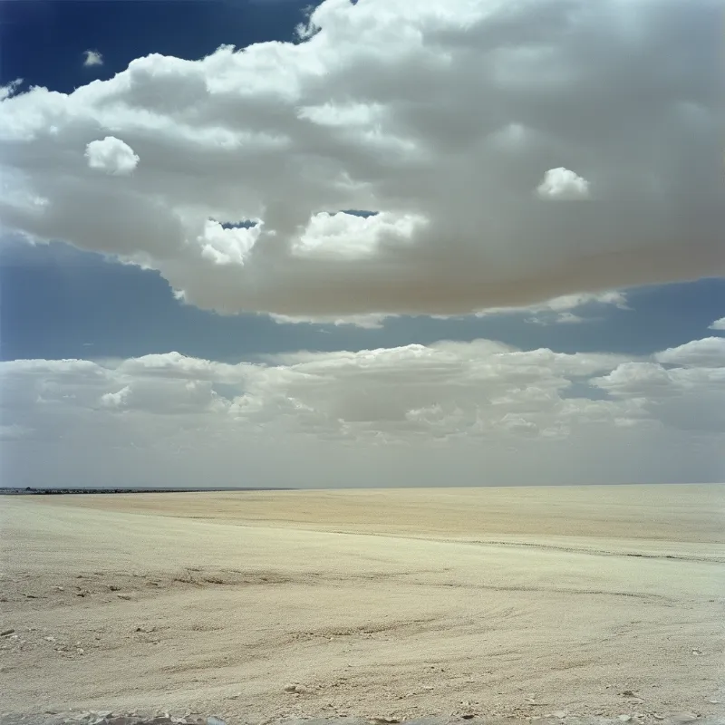 Expansive beige terrain extends to the horizon under a sky dominated by massive fluffy white clouds and deep blue patches.