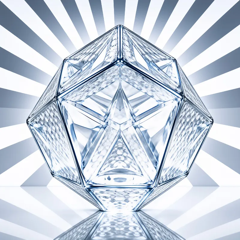 A transparent polyhedron reflects light as bright blue and white stripes radiate from the center.