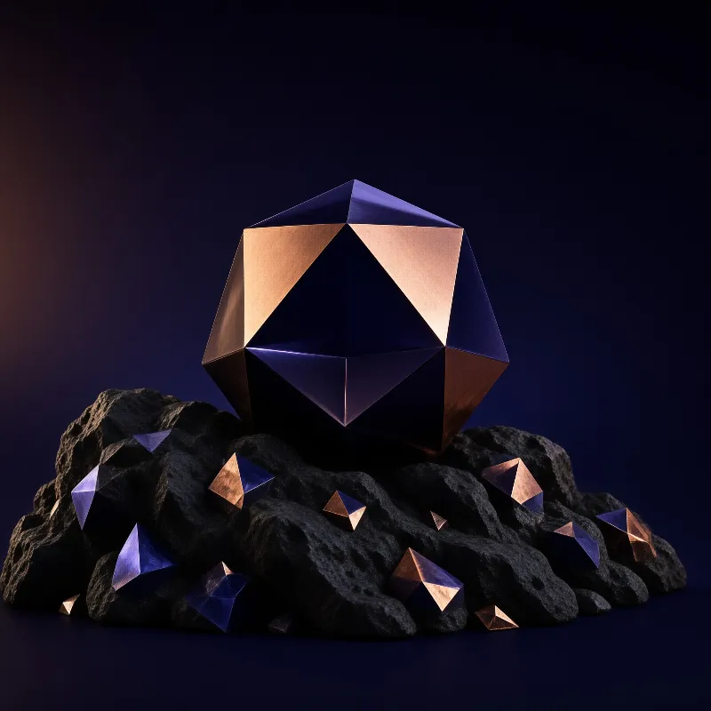 A large blue and copper geometric polyhedron rests on rough black rocks surrounded by smaller metallic fragments.
