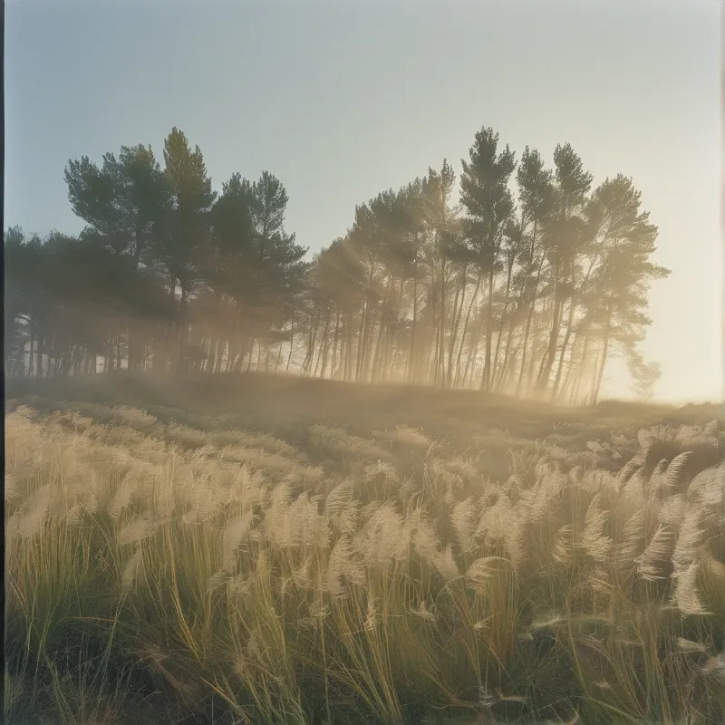 Tall golden grasses fill the foreground while dark trees emerge from rising fog illuminated by bright sunbeams streaming from the right.