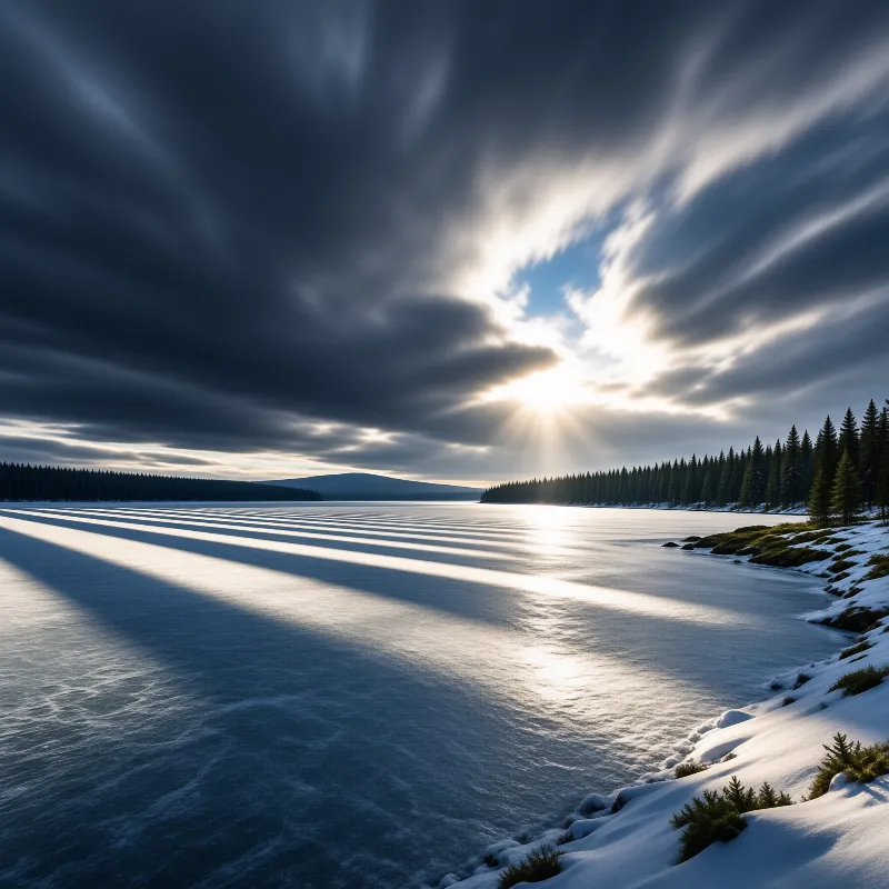 Sunlight breaks through heavy clouds casting long shadows across a frozen lake surrounded by snow covered evergreen trees.