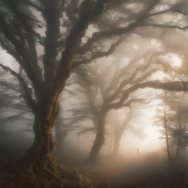 Sunlight filters through thick fog across gnarled moss-covered ancient oaks while a tiny lone figure stands in the far glade
