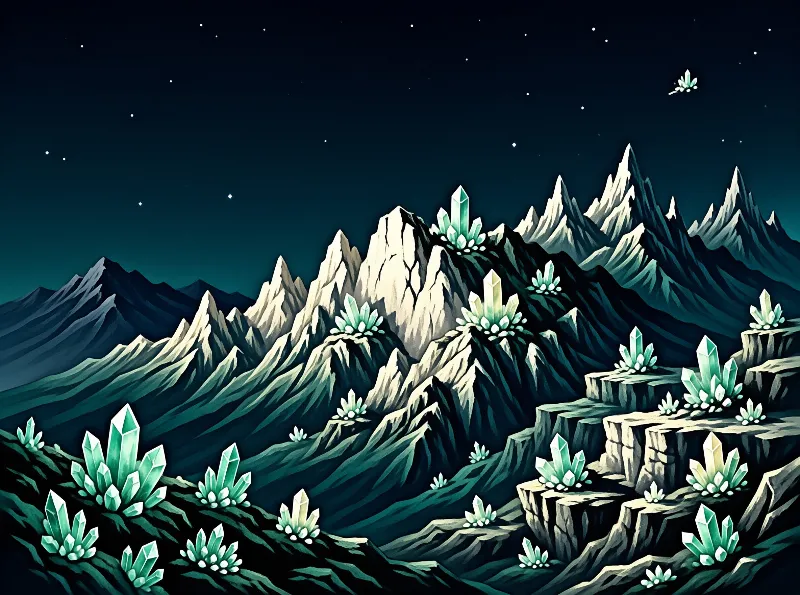 A landscape features dark blue mountains covered in glowing teal crystals beneath a starry night sky.