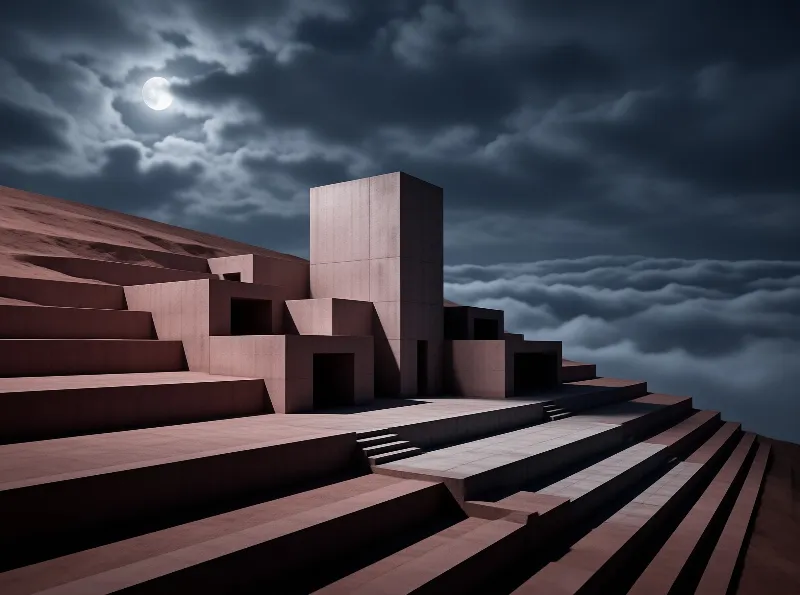 Monolithic concrete structure with stepped terraces and dark openings stands above clouds under a full moon.