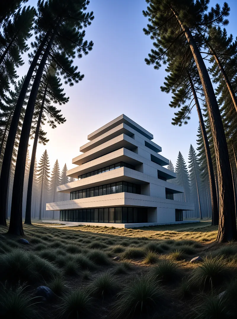 A tiered white building stands amidst tall pine trees illuminated by soft morning sunlight.