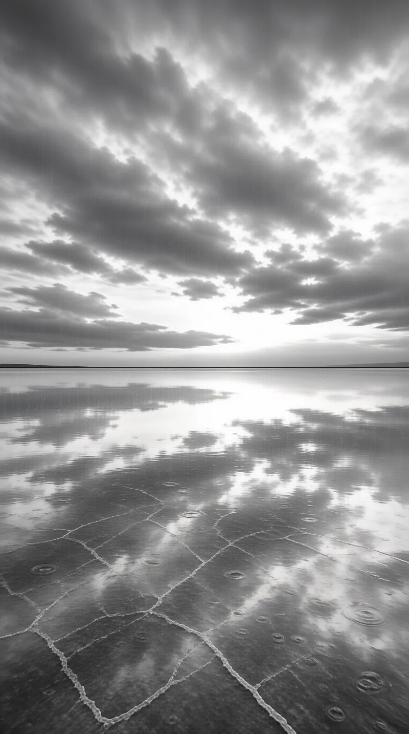 Grayscale view of rain impacting a cracked reflective surface beneath a heavy overcast sky.