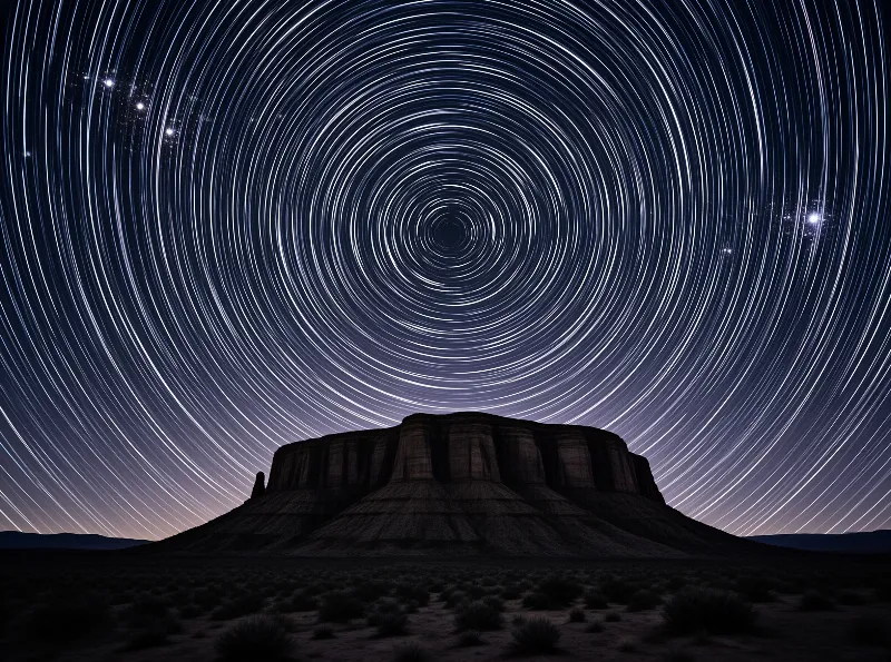 Dark mesa silhouette beneath concentric star trails in a deep blue sky with pale horizon glow