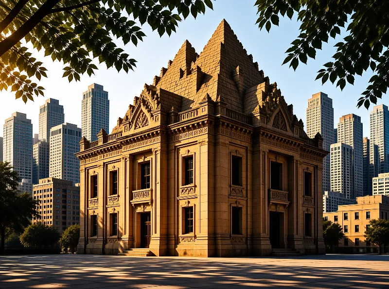 An intricately carved historic stone building with a stepped roof stands before a glass skyscraper skyline.