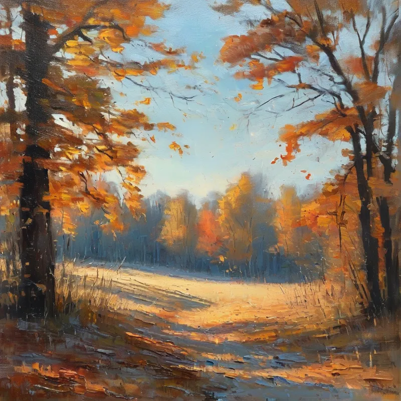 Impressionist oil painting of a sunlit autumn forest path with tall orange trees a hazy distant treeline and a pale blue sky.