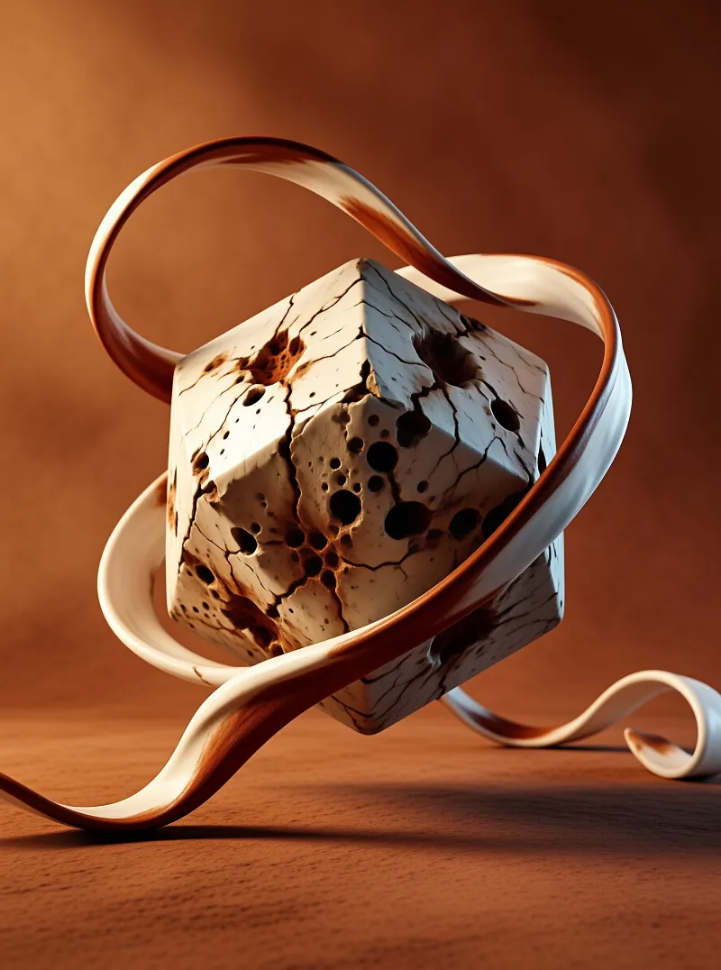 A cracked, porous cube sits entangled within a smooth, looping ribbon against a warm, monochromatic brown background.
